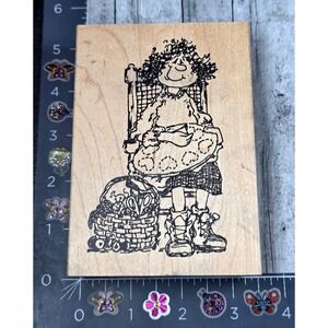 Judith Woman Sewing Basket Hearts Stitched S20 Rubber Stamp Wood #A1
